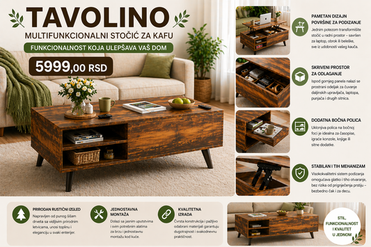 MULTIFUNKCIONALNI DRVENI STO ZA DNEVNU SOBU-TAVOLINO